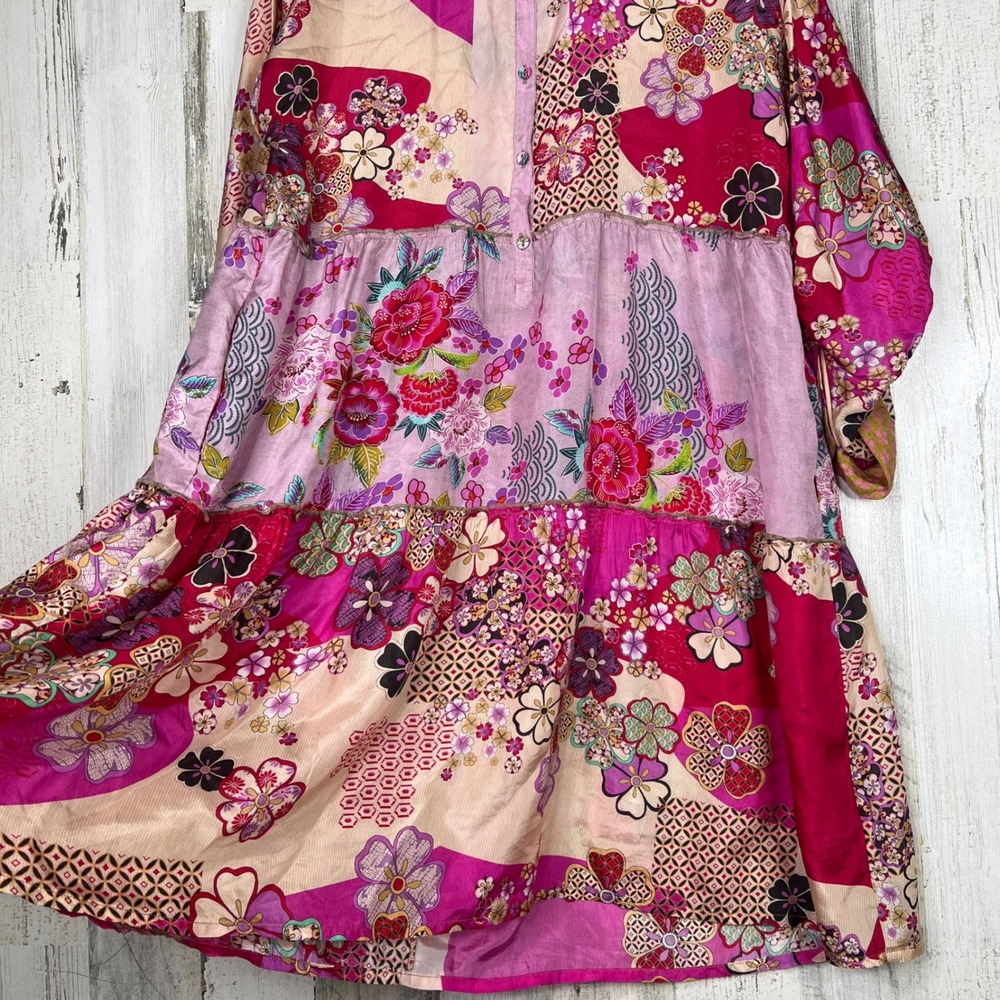 Johnny Was Silk Patchwork Floral Yama Jasmine Tiered Dress Women Large MSRP $248 - Picture 12 of 16